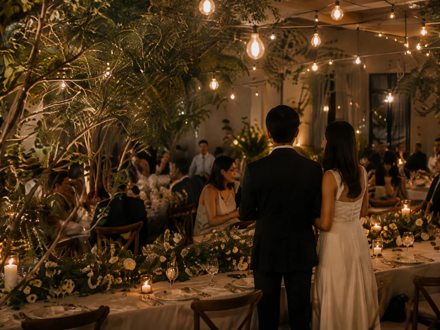 Inspiración: una pareja celebra su boda bajo luces cálidas