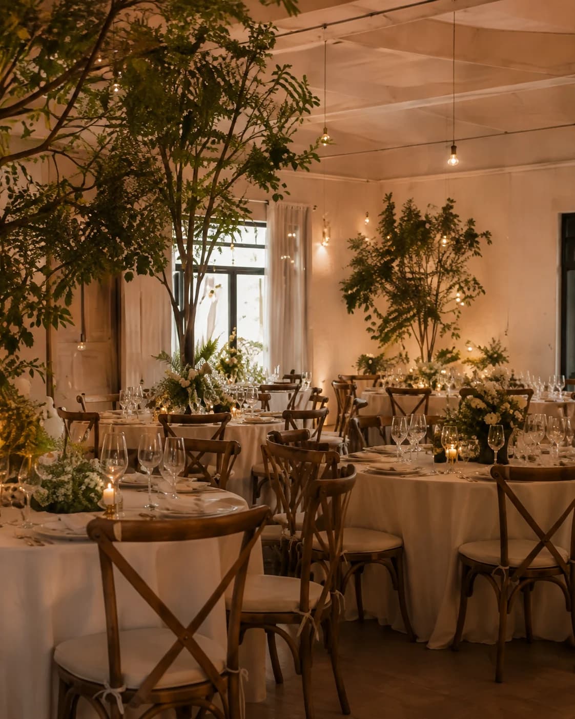 Imagen referencial de un salón con mesas redondas, sillas de madera y vegetación